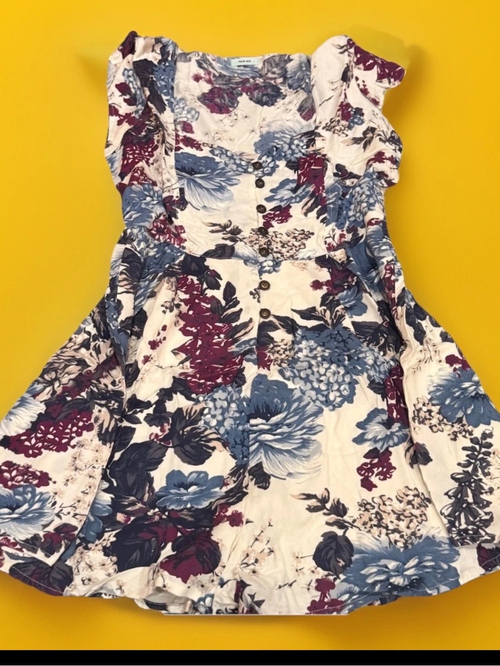 Kimchi Blue Floral A-Line Square Neck Lace-Up Dress Ivory Blue Burgundy S | 2Pc